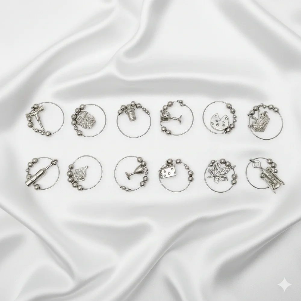 12 Wine Glass Charms Silver Tone Themed Grape Leaf Cheese Bread Basket Cork Bead